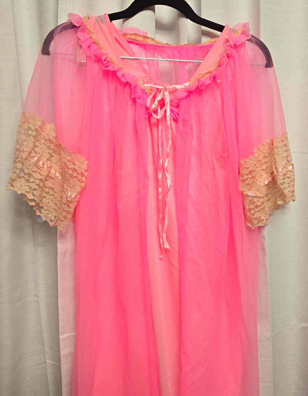 Vintage Women's Pink Sheer Nightgown & Cover Size Small Lace Ruffle Tie Front